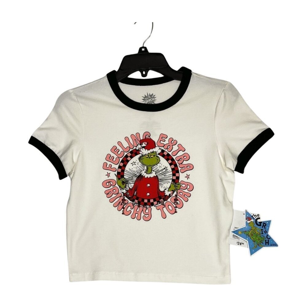 FOREVER 21 The Grinch Junior Short Sleeve Cropped Tshirt White Black Trim Small